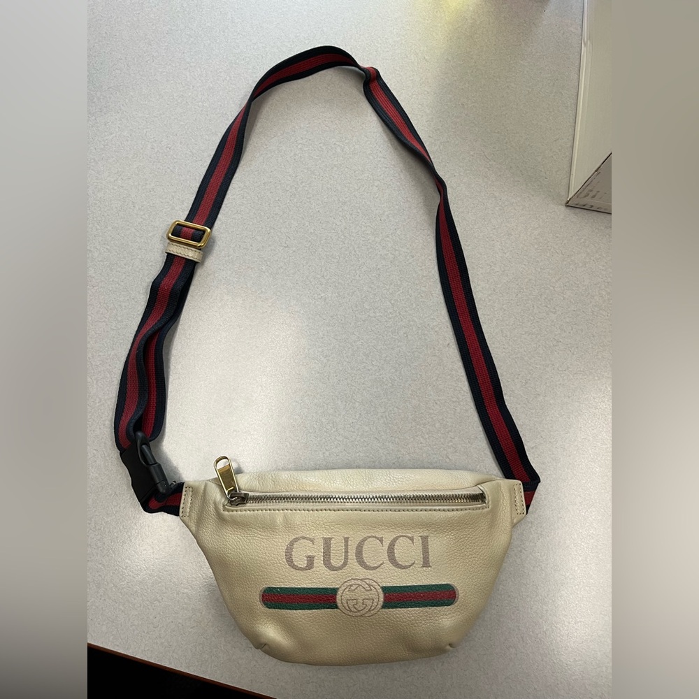 Gucci Beige Belt Bag with blue and red Strap